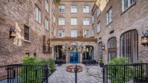 stone courtyard with fountain at Hotel Petaluma