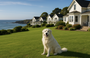 A vibrant dog park bathed in sunlight features abundant greenery with mature trees, offering ample shade for leisurely outdoor activities. In the distance is a well-equipped playground that presents an additional activity area. An inviting picnic table spreads out nearby, ideal for enjoying meals al fresco or taking relaxing breaks from play. A neatly-placed trash bin aids in maintaining the park's cleanliness for everyone's enjoyment. Dominating the scene is a generously wide dirt path gracefully curving through the expanse of grass, promising exploratory walks and lively fetch games.