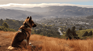A vibrant dog park bathed in sunlight features abundant greenery with mature trees, offering ample shade for leisurely outdoor activities. In the distance is a well-equipped playground that presents an additional activity area. An inviting picnic table spreads out nearby, ideal for enjoying meals al fresco or taking relaxing breaks from play. A neatly-placed trash bin aids in maintaining the park's cleanliness for everyone's enjoyment. Dominating the scene is a generously wide dirt path gracefully curving through the expanse of grass, promising exploratory walks and lively fetch games.