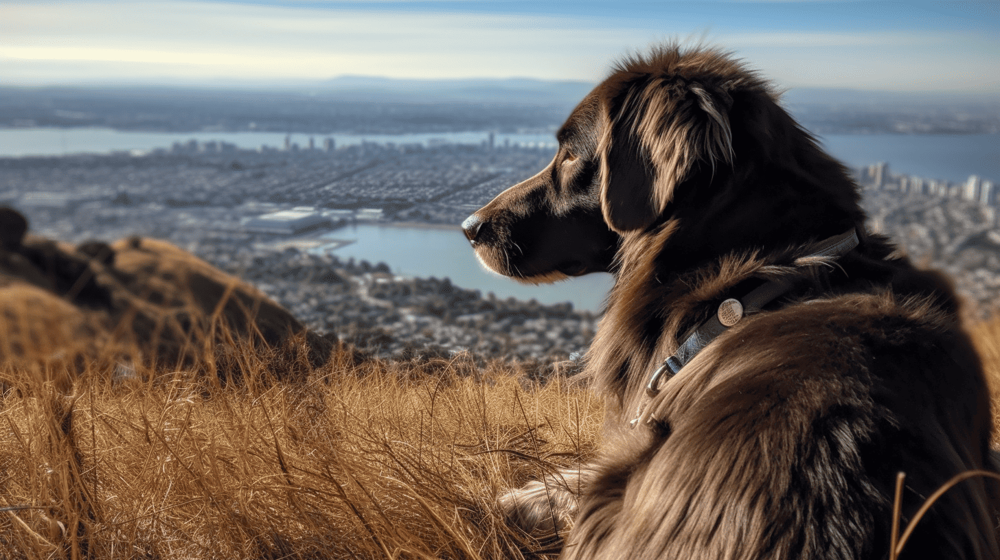A vibrant dog park bathed in sunlight features abundant greenery with mature trees, offering ample shade for leisurely outdoor activities. In the distance is a well-equipped playground that presents an additional activity area. An inviting picnic table spreads out nearby, ideal for enjoying meals al fresco or taking relaxing breaks from play. A neatly-placed trash bin aids in maintaining the park's cleanliness for everyone's enjoyment. Dominating the scene is a generously wide dirt path gracefully curving through the expanse of grass, promising exploratory walks and lively fetch games.