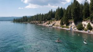 A vibrant dog park bathed in sunlight features abundant greenery with mature trees, offering ample shade for leisurely outdoor activities. In the distance is a well-equipped playground that presents an additional activity area. An inviting picnic table spreads out nearby, ideal for enjoying meals al fresco or taking relaxing breaks from play. A neatly-placed trash bin aids in maintaining the park's cleanliness for everyone's enjoyment. Dominating the scene is a generously wide dirt path gracefully curving through the expanse of grass, promising exploratory walks and lively fetch games.