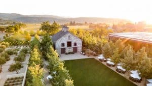 A vibrant dog park bathed in sunlight features abundant greenery with mature trees, offering ample shade for leisurely outdoor activities. In the distance is a well-equipped playground that presents an additional activity area. An inviting picnic table spreads out nearby, ideal for enjoying meals al fresco or taking relaxing breaks from play. A neatly-placed trash bin aids in maintaining the park's cleanliness for everyone's enjoyment. Dominating the scene is a generously wide dirt path gracefully curving through the expanse of grass, promising exploratory walks and lively fetch games.