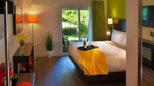 A vibrant dog park bathed in sunlight features abundant greenery with mature trees, offering ample shade for leisurely outdoor activities. In the distance is a well-equipped playground that presents an additional activity area. An inviting picnic table spreads out nearby, ideal for enjoying meals al fresco or taking relaxing breaks from play. A neatly-placed trash bin aids in maintaining the park's cleanliness for everyone's enjoyment. Dominating the scene is a generously wide dirt path gracefully curving through the expanse of grass, promising exploratory walks and lively fetch games.