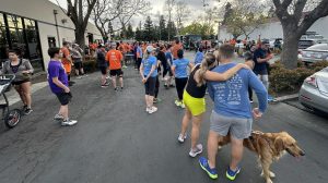 A vibrant dog park bathed in sunlight features abundant greenery with mature trees, offering ample shade for leisurely outdoor activities. In the distance is a well-equipped playground that presents an additional activity area. An inviting picnic table spreads out nearby, ideal for enjoying meals al fresco or taking relaxing breaks from play. A neatly-placed trash bin aids in maintaining the park's cleanliness for everyone's enjoyment. Dominating the scene is a generously wide dirt path gracefully curving through the expanse of grass, promising exploratory walks and lively fetch games.