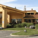 A vibrant dog park bathed in sunlight features abundant greenery with mature trees, offering ample shade for leisurely outdoor activities. In the distance is a well-equipped playground that presents an additional activity area. An inviting picnic table spreads out nearby, ideal for enjoying meals al fresco or taking relaxing breaks from play. A neatly-placed trash bin aids in maintaining the park's cleanliness for everyone's enjoyment. Dominating the scene is a generously wide dirt path gracefully curving through the expanse of grass, promising exploratory walks and lively fetch games.