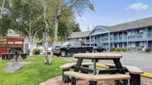 A vibrant dog park bathed in sunlight features abundant greenery with mature trees, offering ample shade for leisurely outdoor activities. In the distance is a well-equipped playground that presents an additional activity area. An inviting picnic table spreads out nearby, ideal for enjoying meals al fresco or taking relaxing breaks from play. A neatly-placed trash bin aids in maintaining the park's cleanliness for everyone's enjoyment. Dominating the scene is a generously wide dirt path gracefully curving through the expanse of grass, promising exploratory walks and lively fetch games.