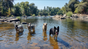 A vibrant dog park bathed in sunlight features abundant greenery with mature trees, offering ample shade for leisurely outdoor activities. In the distance is a well-equipped playground that presents an additional activity area. An inviting picnic table spreads out nearby, ideal for enjoying meals al fresco or taking relaxing breaks from play. A neatly-placed trash bin aids in maintaining the park's cleanliness for everyone's enjoyment. Dominating the scene is a generously wide dirt path gracefully curving through the expanse of grass, promising exploratory walks and lively fetch games.