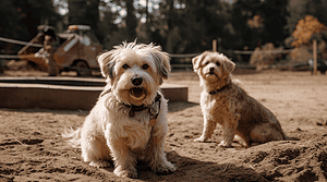 A vibrant dog park bathed in sunlight features abundant greenery with mature trees, offering ample shade for leisurely outdoor activities. In the distance is a well-equipped playground that presents an additional activity area. An inviting picnic table spreads out nearby, ideal for enjoying meals al fresco or taking relaxing breaks from play. A neatly-placed trash bin aids in maintaining the park's cleanliness for everyone's enjoyment. Dominating the scene is a generously wide dirt path gracefully curving through the expanse of grass, promising exploratory walks and lively fetch games.