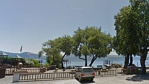 A vibrant dog park bathed in sunlight features abundant greenery with mature trees, offering ample shade for leisurely outdoor activities. In the distance is a well-equipped playground that presents an additional activity area. An inviting picnic table spreads out nearby, ideal for enjoying meals al fresco or taking relaxing breaks from play. A neatly-placed trash bin aids in maintaining the park's cleanliness for everyone's enjoyment. Dominating the scene is a generously wide dirt path gracefully curving through the expanse of grass, promising exploratory walks and lively fetch games.