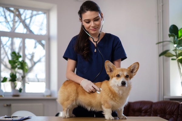 Veterinary surgeon and corgi at vet clinic