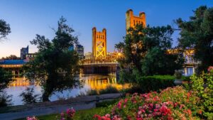 A vibrant dog park bathed in sunlight features abundant greenery with mature trees, offering ample shade for leisurely outdoor activities. In the distance is a well-equipped playground that presents an additional activity area. An inviting picnic table spreads out nearby, ideal for enjoying meals al fresco or taking relaxing breaks from play. A neatly-placed trash bin aids in maintaining the park's cleanliness for everyone's enjoyment. Dominating the scene is a generously wide dirt path gracefully curving through the expanse of grass, promising exploratory walks and lively fetch games.