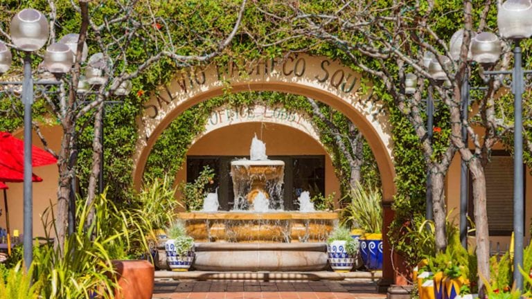 A vibrant dog park bathed in sunlight features abundant greenery with mature trees, offering ample shade for leisurely outdoor activities. In the distance is a well-equipped playground that presents an additional activity area. An inviting picnic table spreads out nearby, ideal for enjoying meals al fresco or taking relaxing breaks from play. A neatly-placed trash bin aids in maintaining the park's cleanliness for everyone's enjoyment. Dominating the scene is a generously wide dirt path gracefully curving through the expanse of grass, promising exploratory walks and lively fetch games.