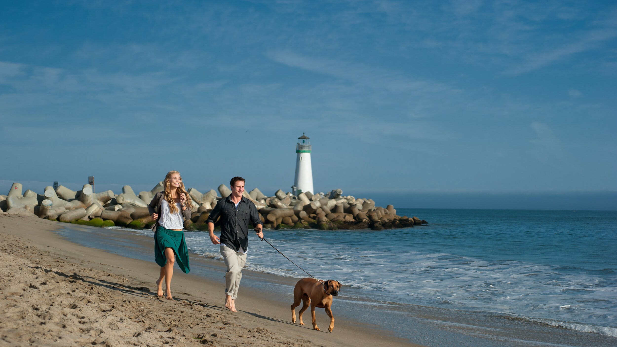 Dog and people running on the beach in Santa Cruz