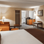 A vibrant dog park bathed in sunlight features abundant greenery with mature trees, offering ample shade for leisurely outdoor activities. In the distance is a well-equipped playground that presents an additional activity area. An inviting picnic table spreads out nearby, ideal for enjoying meals al fresco or taking relaxing breaks from play. A neatly-placed trash bin aids in maintaining the park's cleanliness for everyone's enjoyment. Dominating the scene is a generously wide dirt path gracefully curving through the expanse of grass, promising exploratory walks and lively fetch games.