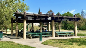 A vibrant dog park bathed in sunlight features abundant greenery with mature trees, offering ample shade for leisurely outdoor activities. In the distance is a well-equipped playground that presents an additional activity area. An inviting picnic table spreads out nearby, ideal for enjoying meals al fresco or taking relaxing breaks from play. A neatly-placed trash bin aids in maintaining the park's cleanliness for everyone's enjoyment. Dominating the scene is a generously wide dirt path gracefully curving through the expanse of grass, promising exploratory walks and lively fetch games.