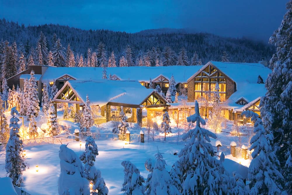 Tenaya Lodge in snow at night