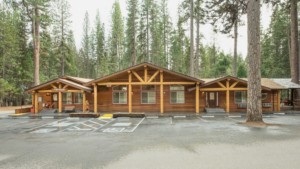 A vibrant dog park bathed in sunlight features abundant greenery with mature trees, offering ample shade for leisurely outdoor activities. In the distance is a well-equipped playground that presents an additional activity area. An inviting picnic table spreads out nearby, ideal for enjoying meals al fresco or taking relaxing breaks from play. A neatly-placed trash bin aids in maintaining the park's cleanliness for everyone's enjoyment. Dominating the scene is a generously wide dirt path gracefully curving through the expanse of grass, promising exploratory walks and lively fetch games.