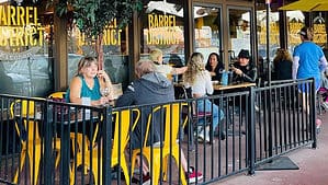 A vibrant dog park bathed in sunlight features abundant greenery with mature trees, offering ample shade for leisurely outdoor activities. In the distance is a well-equipped playground that presents an additional activity area. An inviting picnic table spreads out nearby, ideal for enjoying meals al fresco or taking relaxing breaks from play. A neatly-placed trash bin aids in maintaining the park's cleanliness for everyone's enjoyment. Dominating the scene is a generously wide dirt path gracefully curving through the expanse of grass, promising exploratory walks and lively fetch games.