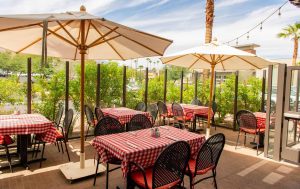 A vibrant dog park bathed in sunlight features abundant greenery with mature trees, offering ample shade for leisurely outdoor activities. In the distance is a well-equipped playground that presents an additional activity area. An inviting picnic table spreads out nearby, ideal for enjoying meals al fresco or taking relaxing breaks from play. A neatly-placed trash bin aids in maintaining the park's cleanliness for everyone's enjoyment. Dominating the scene is a generously wide dirt path gracefully curving through the expanse of grass, promising exploratory walks and lively fetch games.