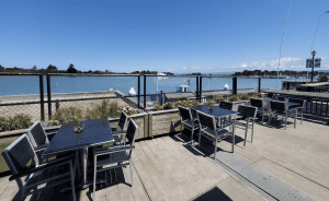 A vibrant dog park bathed in sunlight features abundant greenery with mature trees, offering ample shade for leisurely outdoor activities. In the distance is a well-equipped playground that presents an additional activity area. An inviting picnic table spreads out nearby, ideal for enjoying meals al fresco or taking relaxing breaks from play. A neatly-placed trash bin aids in maintaining the park's cleanliness for everyone's enjoyment. Dominating the scene is a generously wide dirt path gracefully curving through the expanse of grass, promising exploratory walks and lively fetch games.