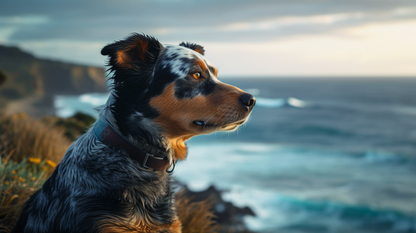 A dog is sitting on a hill overlooking the ocean on the Mendocino Coast.