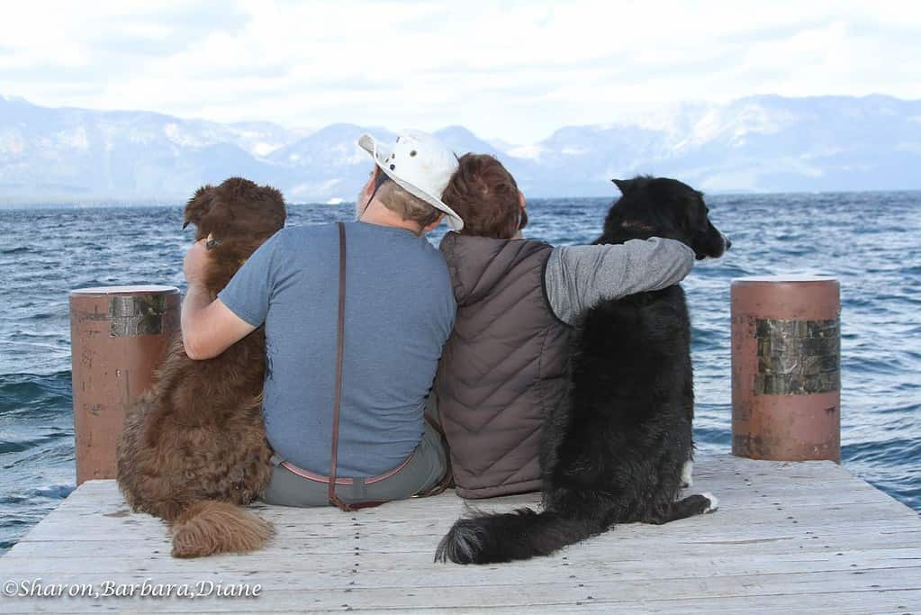 a couple of people that are sitting on a dock.