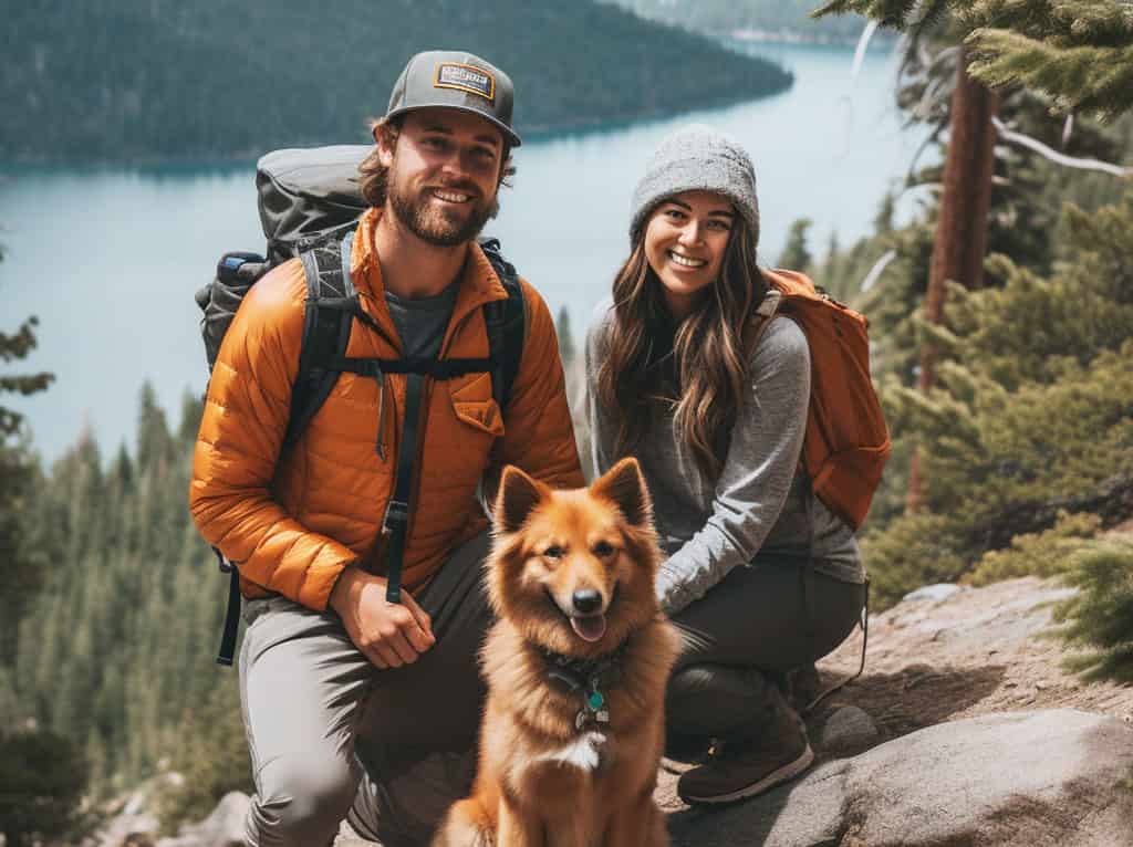 a man and a woman sitting on a rock with a dog.