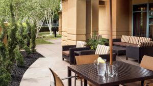 A vibrant dog park bathed in sunlight features abundant greenery with mature trees, offering ample shade for leisurely outdoor activities. In the distance is a well-equipped playground that presents an additional activity area. An inviting picnic table spreads out nearby, ideal for enjoying meals al fresco or taking relaxing breaks from play. A neatly-placed trash bin aids in maintaining the park's cleanliness for everyone's enjoyment. Dominating the scene is a generously wide dirt path gracefully curving through the expanse of grass, promising exploratory walks and lively fetch games.