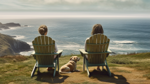 A vibrant dog park bathed in sunlight features abundant greenery with mature trees, offering ample shade for leisurely outdoor activities. In the distance is a well-equipped playground that presents an additional activity area. An inviting picnic table spreads out nearby, ideal for enjoying meals al fresco or taking relaxing breaks from play. A neatly-placed trash bin aids in maintaining the park's cleanliness for everyone's enjoyment. Dominating the scene is a generously wide dirt path gracefully curving through the expanse of grass, promising exploratory walks and lively fetch games.