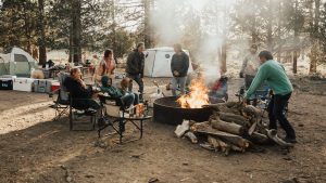 A vibrant dog park bathed in sunlight features abundant greenery with mature trees, offering ample shade for leisurely outdoor activities. In the distance is a well-equipped playground that presents an additional activity area. An inviting picnic table spreads out nearby, ideal for enjoying meals al fresco or taking relaxing breaks from play. A neatly-placed trash bin aids in maintaining the park's cleanliness for everyone's enjoyment. Dominating the scene is a generously wide dirt path gracefully curving through the expanse of grass, promising exploratory walks and lively fetch games.