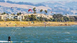 A vibrant dog park bathed in sunlight features abundant greenery with mature trees, offering ample shade for leisurely outdoor activities. In the distance is a well-equipped playground that presents an additional activity area. An inviting picnic table spreads out nearby, ideal for enjoying meals al fresco or taking relaxing breaks from play. A neatly-placed trash bin aids in maintaining the park's cleanliness for everyone's enjoyment. Dominating the scene is a generously wide dirt path gracefully curving through the expanse of grass, promising exploratory walks and lively fetch games.