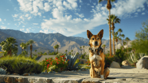 A vibrant dog park bathed in sunlight features abundant greenery with mature trees, offering ample shade for leisurely outdoor activities. In the distance is a well-equipped playground that presents an additional activity area. An inviting picnic table spreads out nearby, ideal for enjoying meals al fresco or taking relaxing breaks from play. A neatly-placed trash bin aids in maintaining the park's cleanliness for everyone's enjoyment. Dominating the scene is a generously wide dirt path gracefully curving through the expanse of grass, promising exploratory walks and lively fetch games.