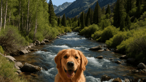 A vibrant dog park bathed in sunlight features abundant greenery with mature trees, offering ample shade for leisurely outdoor activities. In the distance is a well-equipped playground that presents an additional activity area. An inviting picnic table spreads out nearby, ideal for enjoying meals al fresco or taking relaxing breaks from play. A neatly-placed trash bin aids in maintaining the park's cleanliness for everyone's enjoyment. Dominating the scene is a generously wide dirt path gracefully curving through the expanse of grass, promising exploratory walks and lively fetch games.