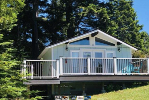 A vibrant dog park bathed in sunlight features abundant greenery with mature trees, offering ample shade for leisurely outdoor activities. In the distance is a well-equipped playground that presents an additional activity area. An inviting picnic table spreads out nearby, ideal for enjoying meals al fresco or taking relaxing breaks from play. A neatly-placed trash bin aids in maintaining the park's cleanliness for everyone's enjoyment. Dominating the scene is a generously wide dirt path gracefully curving through the expanse of grass, promising exploratory walks and lively fetch games.