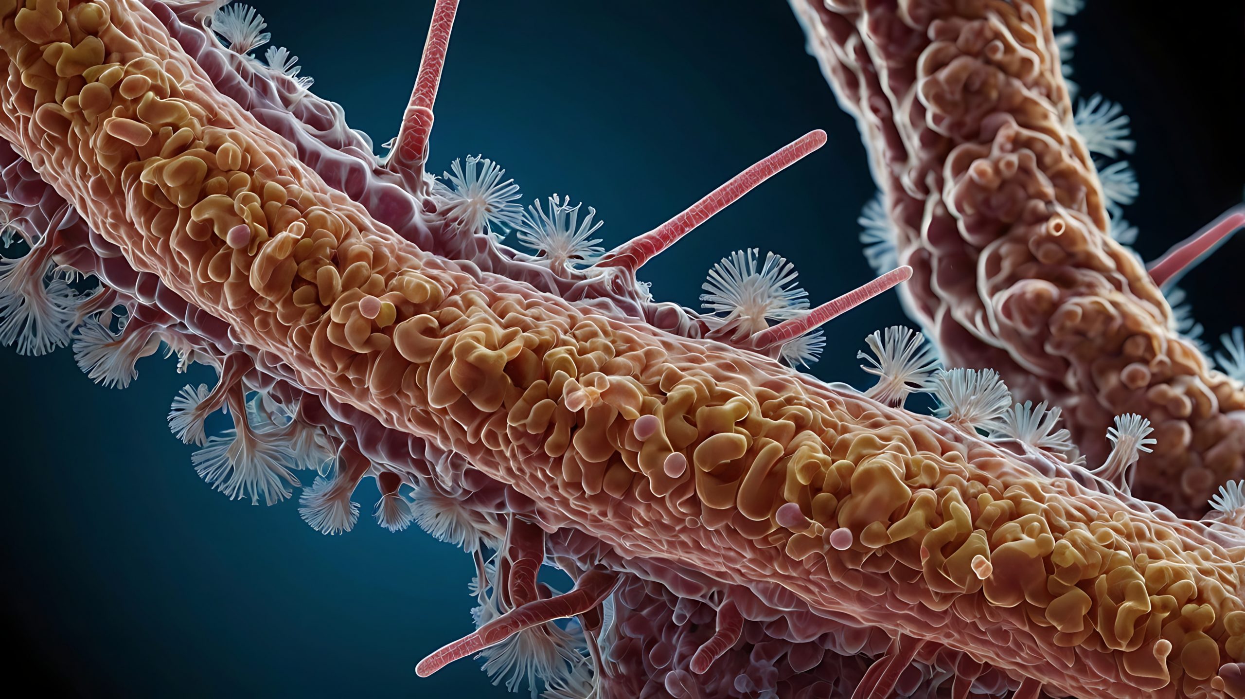 Microscopic view of elongated, ridged shapes with clustered, round spiky bumps on a dark blue background.