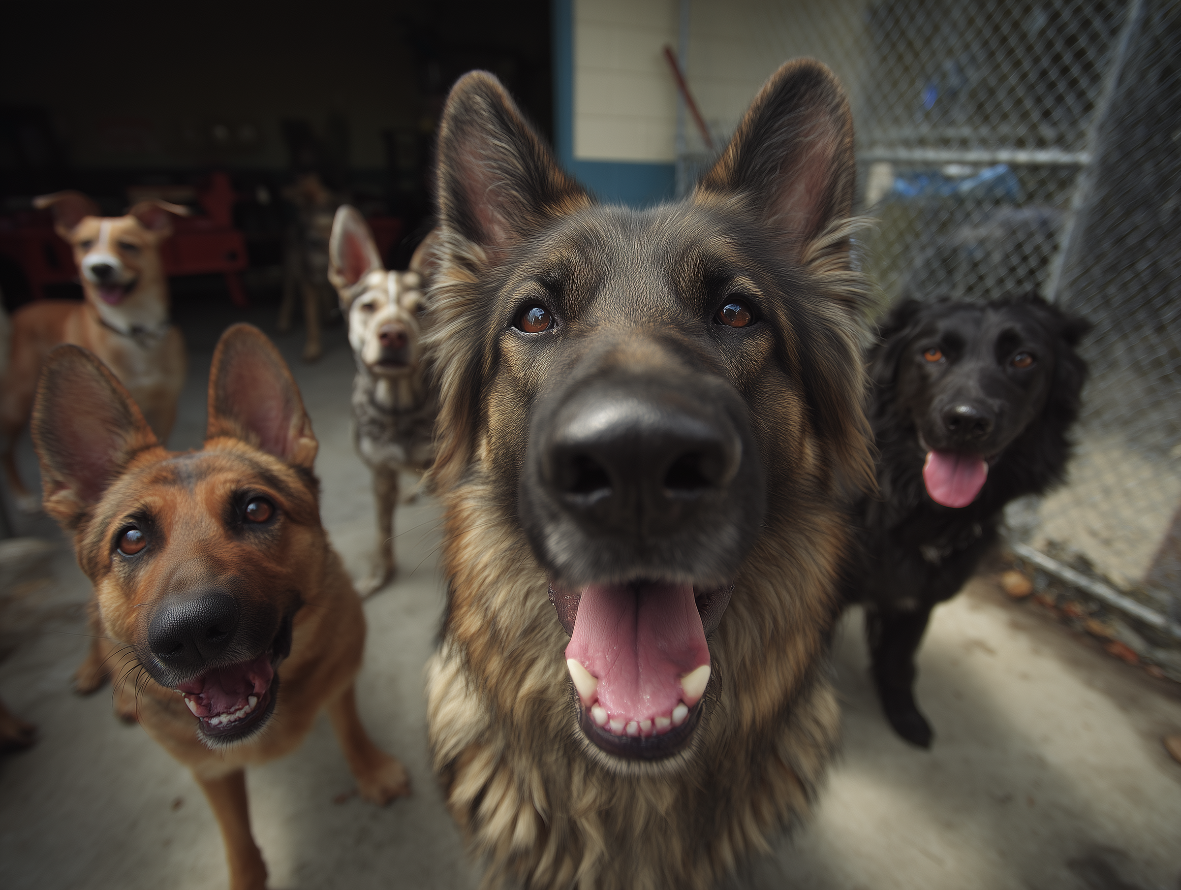 Six dogs, including German Shepherds and a black dog, stand together in a kennel near a chain-link fence, facing the camera.