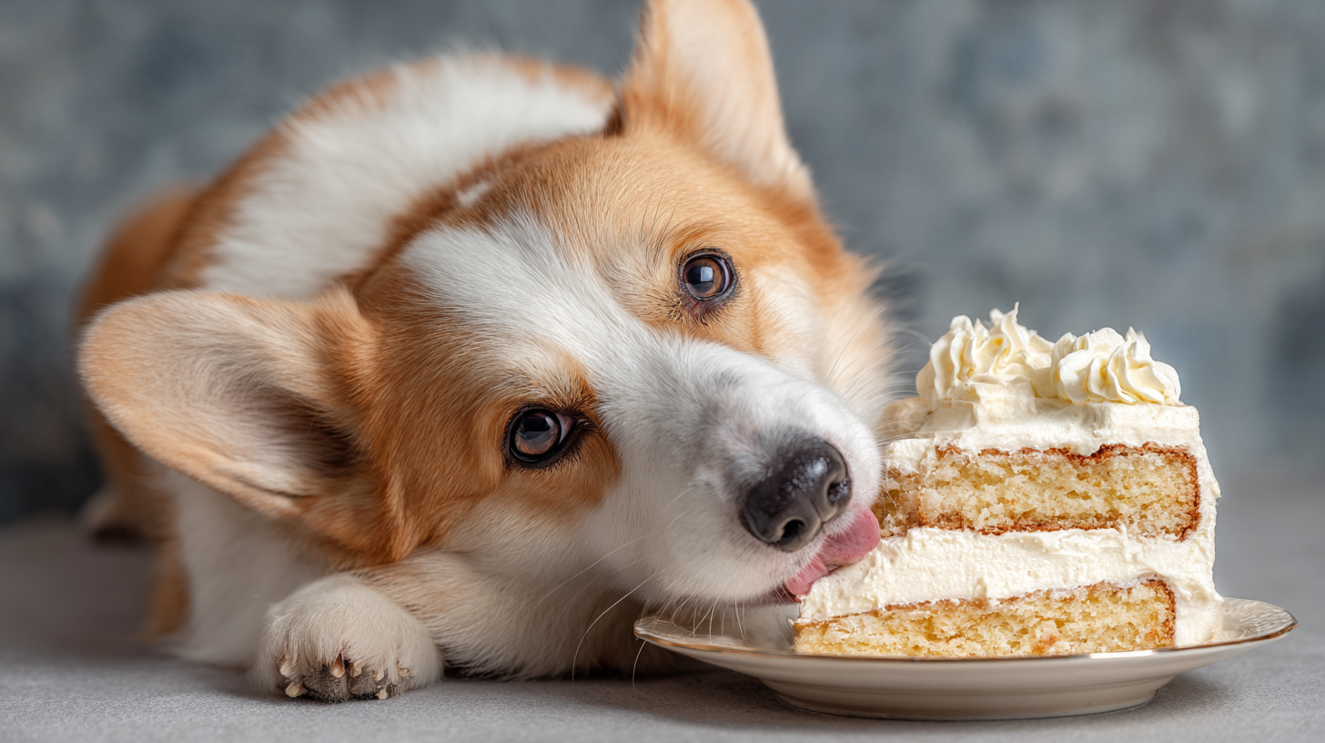 Corgi on floor, head tilted, licking plate with white-frosted vanilla cake. Softly blurred background.