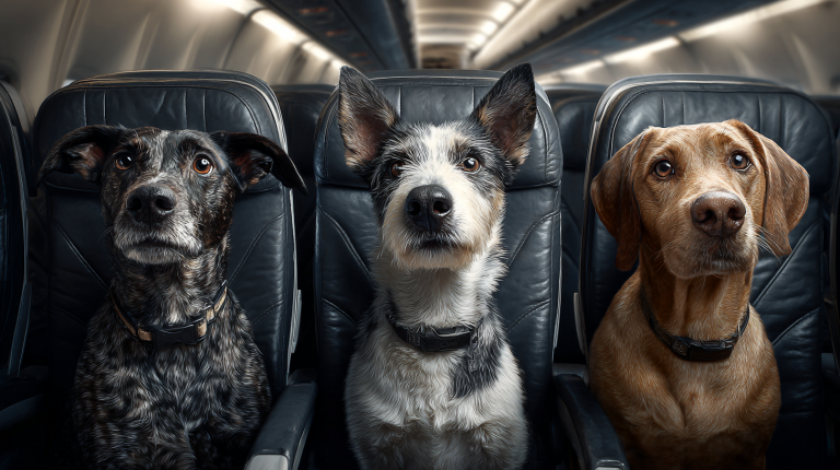 Three calm dogs sit upright in separate airplane seats, facing forward. The cabin and empty seats are visible in the background.