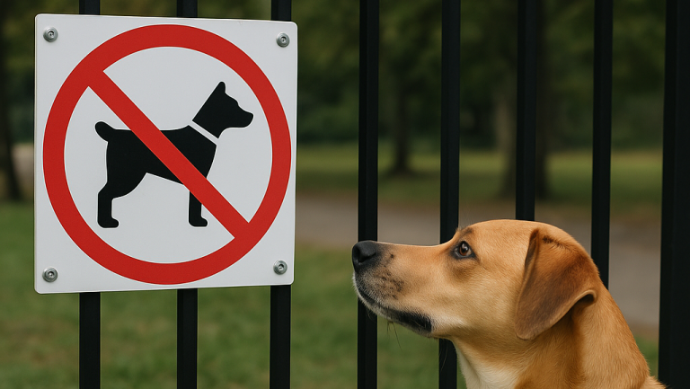 Dog in collar sits by black fence with 