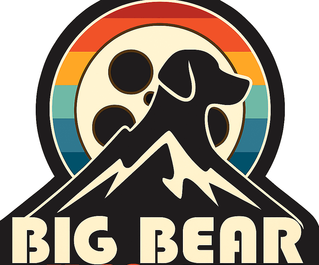 Vibrant retro-style logo of Big Bear Mountain featuring a mountain silhouette, a stylized dog, and a colorful rainbow circle background for outdoor adventure and dog-friendly travel.