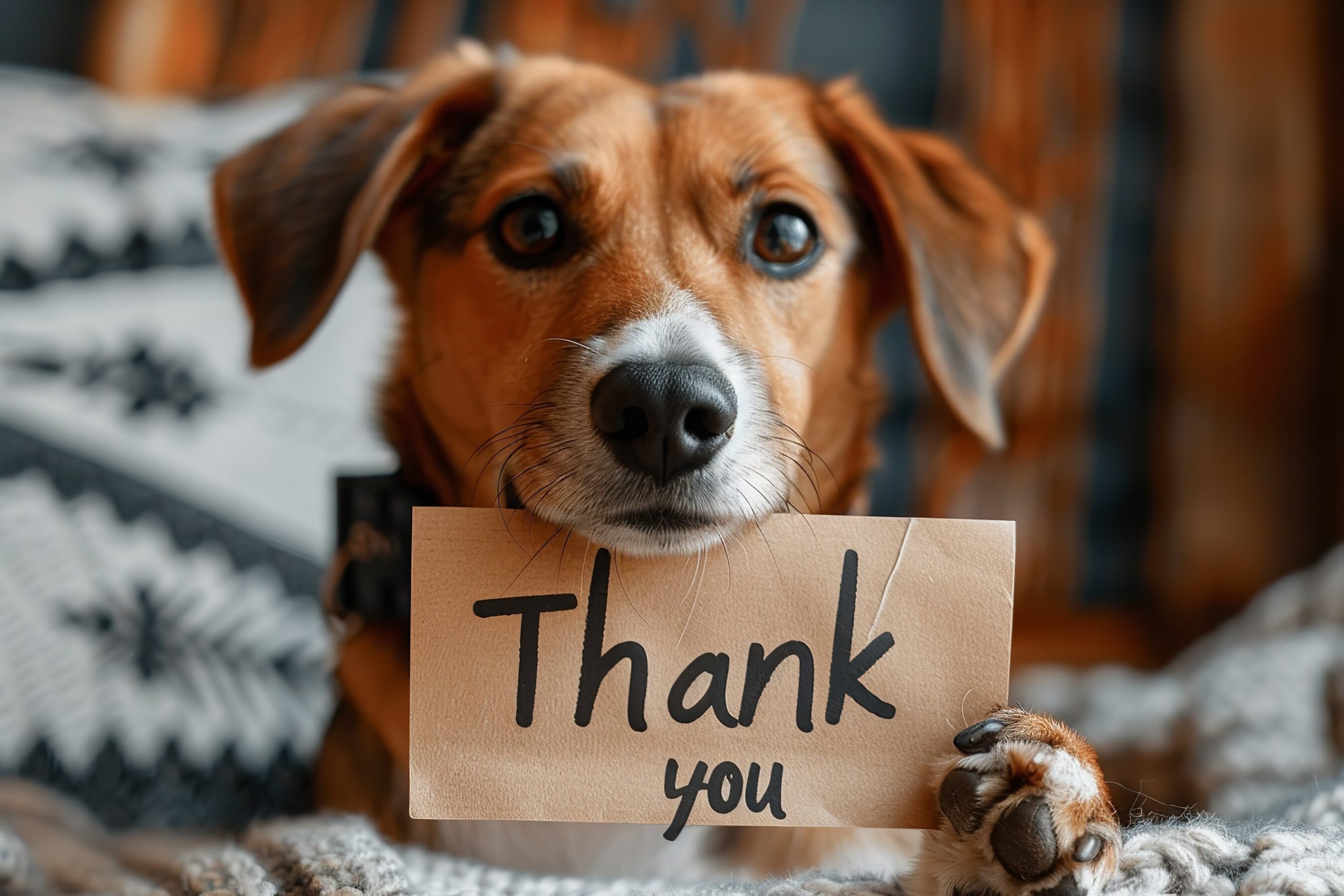 Adorable dog holding a "Thank You" sign, perfect for pet appreciation and gratitude themes on dog lover websites or social media.