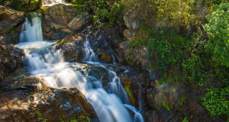 Vivid waterfall cascading over rocks with lush greenery, perfect for outdoor adventures and dog-friendly nature trips. Explore scenic trails and waterfalls with your dog on DogTrekker.