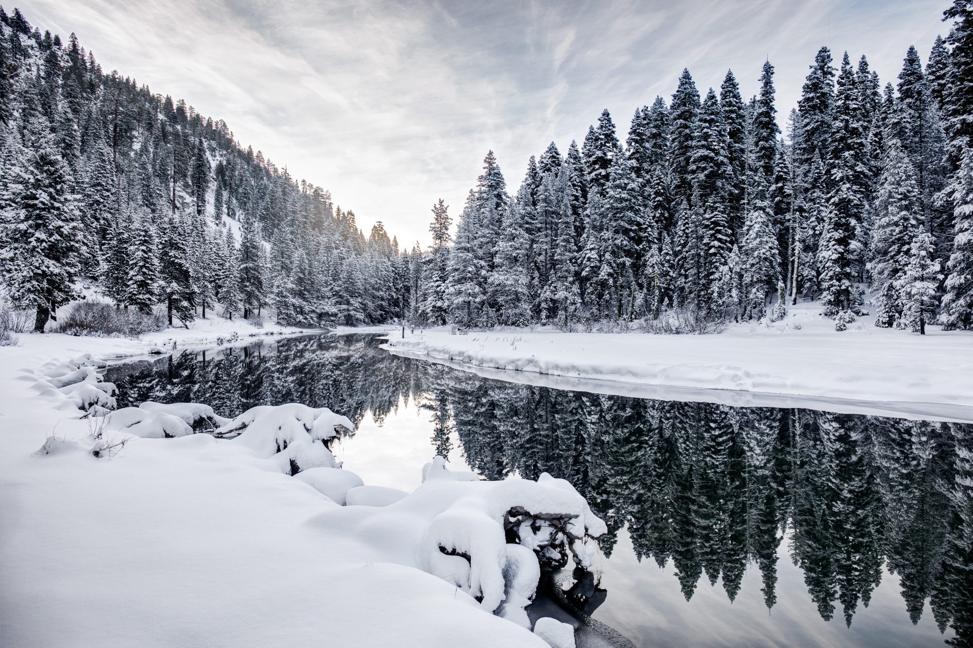 Lake Tahoe / Truckee River in Winter Covered in Snow